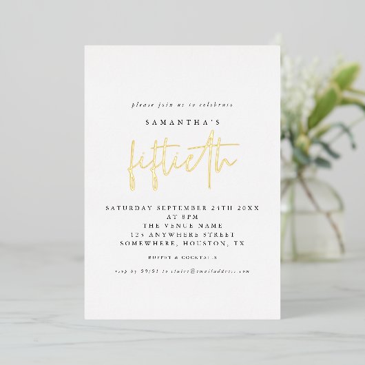 Invitation En Aluminium Glam 50th Anniversaire Script White Real (Debout devant)