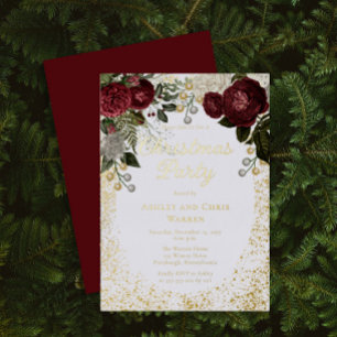 Invitation En Aluminium Glam Burgundy Rose Floral Fête de Noël