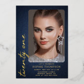 Invitation En Aluminium Glam Denim Diamonds Blue Gold 21ème anniversaire P (Recto)