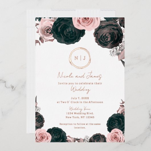 Invitation En Aluminium Glam floral rose et noir Photo Mariage moderne (Enveloppe)