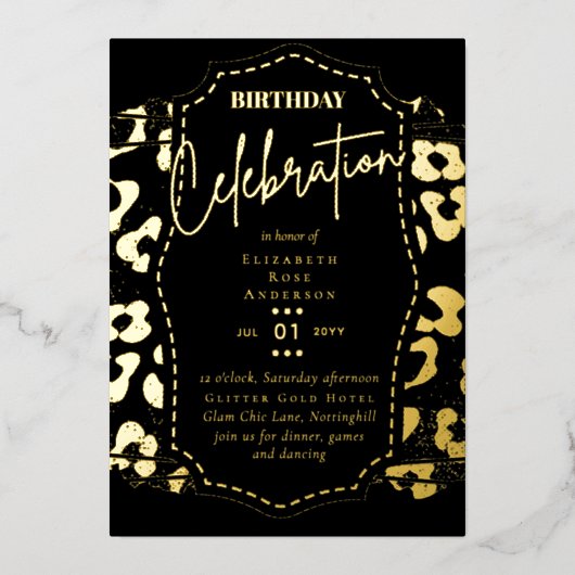 Invitation En Aluminium Glam Gold Foil Poster de animal Fille Noir Anniver (Recto)