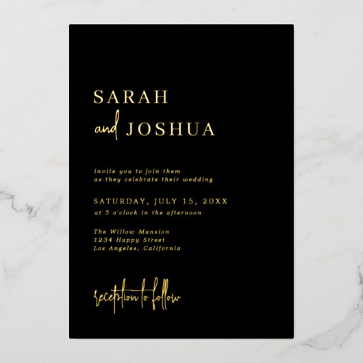 Invitation En Aluminium Glam Simple Calligraphie Script Mariage Black Gold (Recto)