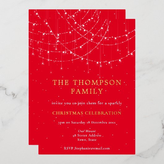 Invitation En Aluminium Glam String Lumière Neige Rouge Noël Party Luxe (Recto/Verso)