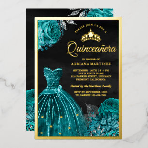 Invitation En Aluminium Gobelet Turquoise Rose Black Quinceanera Gold