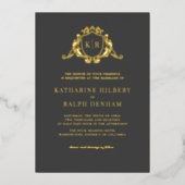 Invitation En Aluminium Gold Baroque Crest Dark Grey Monogram Mariage (Recto)