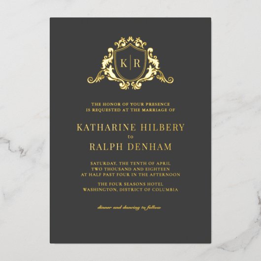 Invitation En Aluminium Gold Baroque Crest Dark Grey Monogram Mariage (Recto)