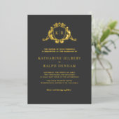 Invitation En Aluminium Gold Baroque Crest Dark Grey Monogram Mariage (Debout devant)