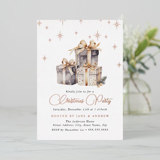 Invitation En Aluminium Gold Beige Grey Festival présente Noël (Debout devant)