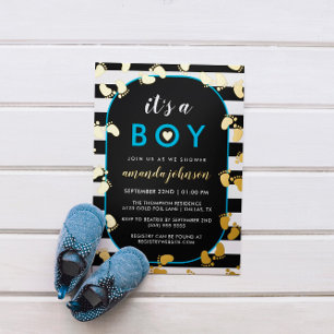 Invitation En Aluminium Gold Black Blue C'est un garçon Baby Footprints