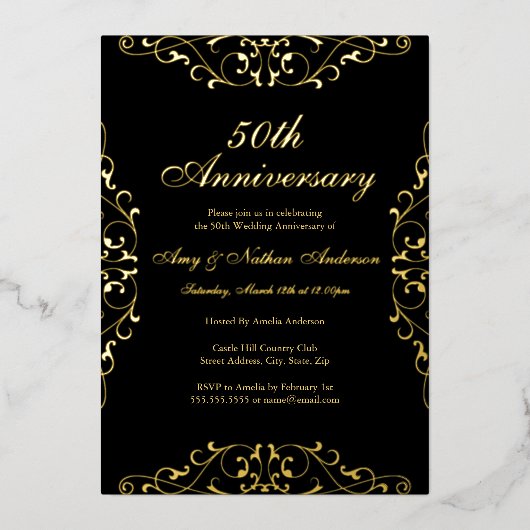Invitation En Aluminium Gold Black Elegant Swirl 50e anniversaire Mariage (Recto)