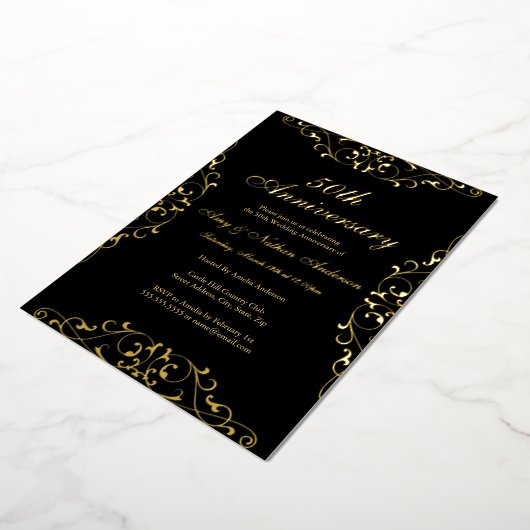 Invitation En Aluminium Gold Black Elegant Swirl 50e anniversaire Mariage (Rotation)