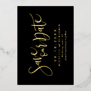Invitation En Aluminium Gold Black Modern Script Simple Enregistrer La Dat