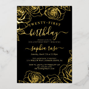 Invitation En Aluminium Gold Black Rose Foil 21e anniversaire