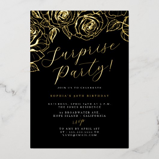 Invitation En Aluminium Gold Black Script Floral Surprise Party (Recto)