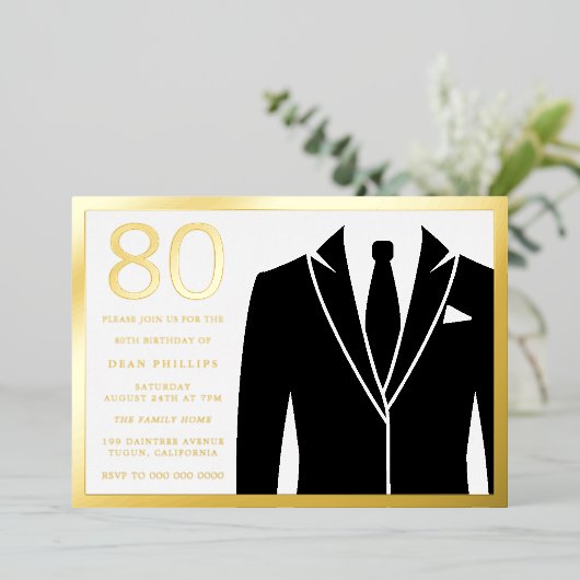 Invitation En Aluminium Gold & Black Suit & Cravate 80e Anniversaire de fê (Debout devant)