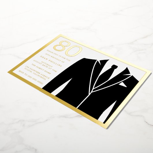 Invitation En Aluminium Gold & Black Suit & Cravate 80e Anniversaire de fê (Rotation)