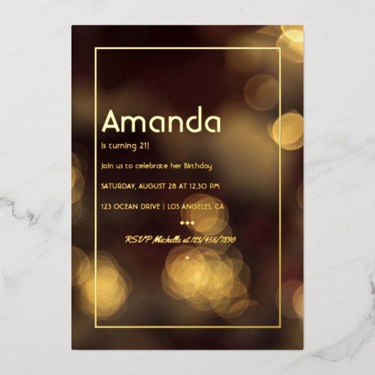 Invitation En Aluminium Gold Bokeh fête d'anniversaire (Recto)
