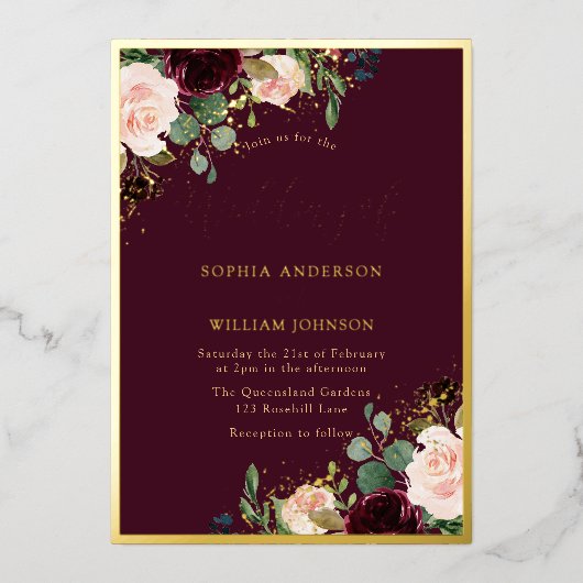 Invitation En Aluminium Gold Bourgogne Floral Frame Mariage Real (Recto)