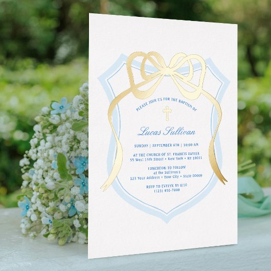 Invitation En Aluminium Gold Bow Light Bleu Crest Baptême