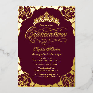Invitation En Aluminium Gold Burgundy Élégant Script Quinceanera Anniversa