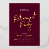 Invitation En Aluminium Gold Burgundy Moderne Brosse Script Retraite Party (Recto)