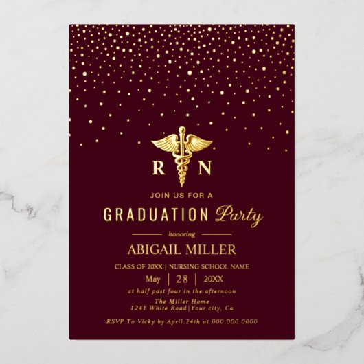 Invitation En Aluminium Gold caduceus burgundy Class Of 2026 graduation  (Recto)