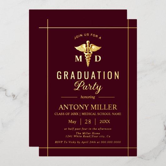 Invitation En Aluminium Gold caduceus Class Of 2026 burgundy graduation (Recto/Verso)