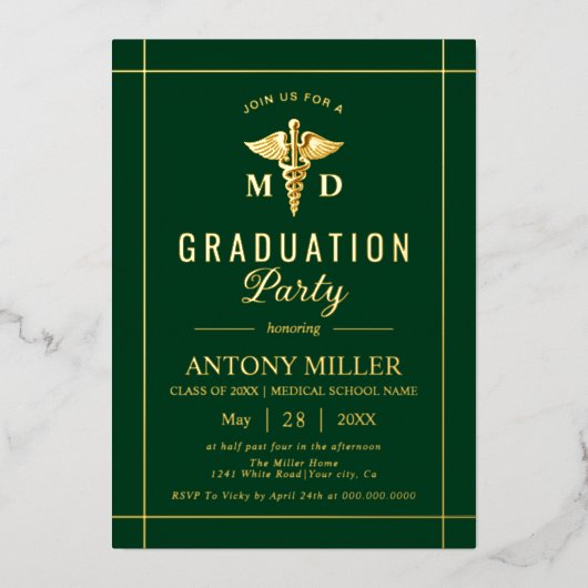 Invitation En Aluminium Gold caduceus Classe De graduation verte 2025 (Recto)