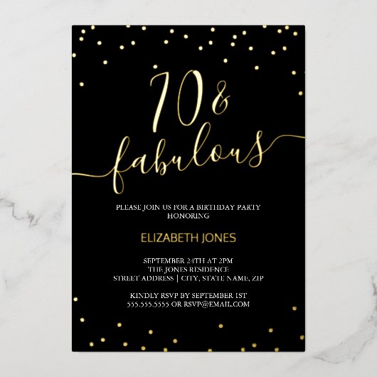 Invitation En Aluminium Gold Calligraphy Confetti 70e Fabuleux anniversair (Recto)