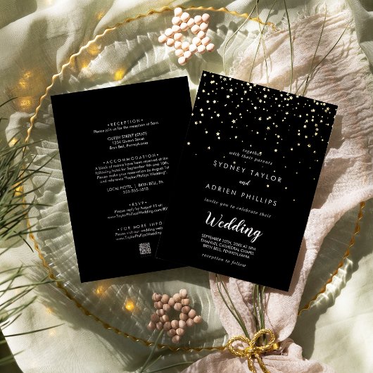 Invitation En Aluminium Gold Confetti|Black Front et Back Real Gold