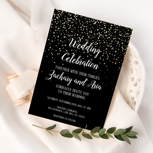 Invitation En Aluminium Gold Confetti|Black Mariage Celebration Gold