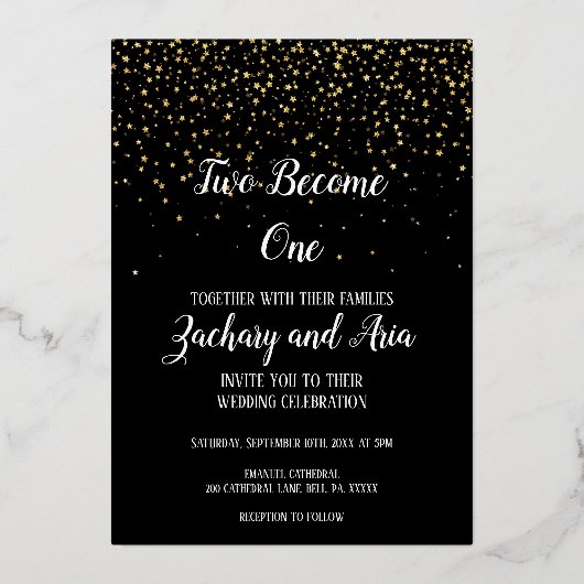 Invitation En Aluminium Gold Confetti|Black Two Devenez un or Mariage (Recto)