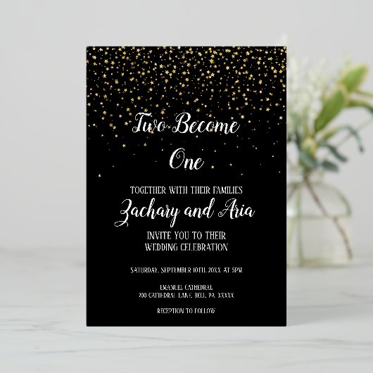 Invitation En Aluminium Gold Confetti|Black Two Devenez un or Mariage (Debout devant)