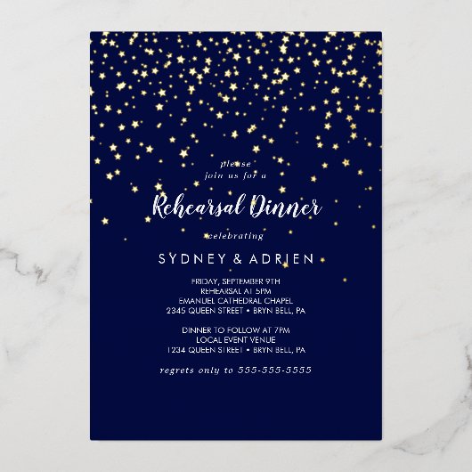 Invitation En Aluminium Gold Confetti|Navy Rehearer Dinner Gold (Recto)