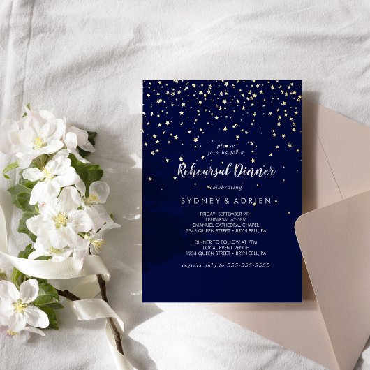Invitation En Aluminium Gold Confetti|Navy Rehearer Dinner Gold