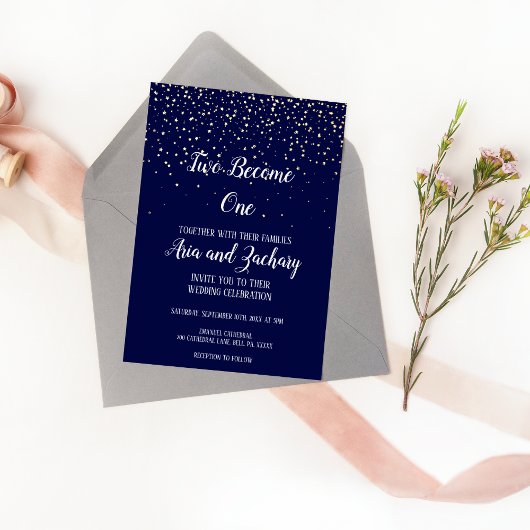 Invitation En Aluminium Gold Confetti|Navy Two Devenez un Mariage