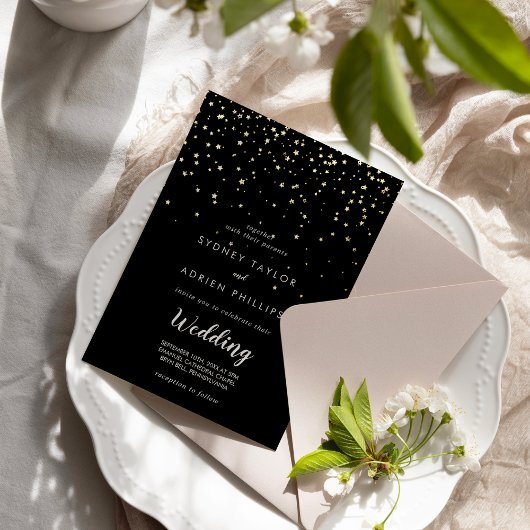Invitation En Aluminium Gold Confetti|Noir Mariage informel Real Gold