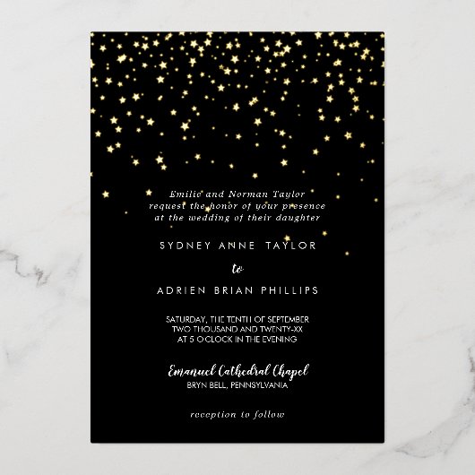 Invitation En Aluminium Gold Confetti|Noir Mariage traditionnel Real Gold (Recto)