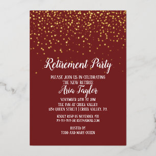 Invitation En Aluminium Gold Confetti sur Burgundy Retirement Gold