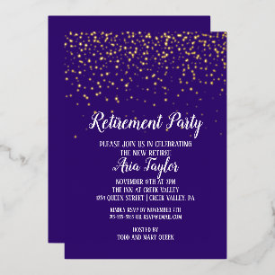 Invitation En Aluminium Gold Confetti sur Purple Retraite Party Gold