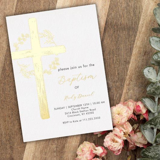 Invitation En Aluminium Gold Cross Floral Wreath Verdure Baptême simple