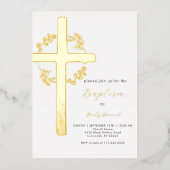 Invitation En Aluminium Gold Cross Floral Wreath Verdure Baptême simple (Recto)