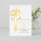 Invitation En Aluminium Gold Cross Floral Wreath Verdure Baptême simple (Debout devant)