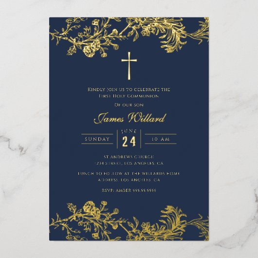 Invitation En Aluminium Gold Cross Navy Boys Première communion (Recto)