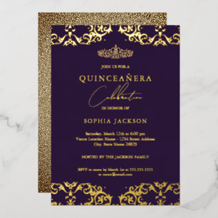 Invitation En Aluminium Gold Damask Purple Quinceanera 15e anniversaire