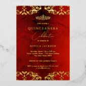 Invitation En Aluminium Gold Damask Ruby Red Quinceanera 15e (Recto)