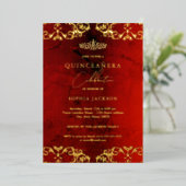 Invitation En Aluminium Gold Damask Ruby Red Quinceanera 15e (Debout devant)