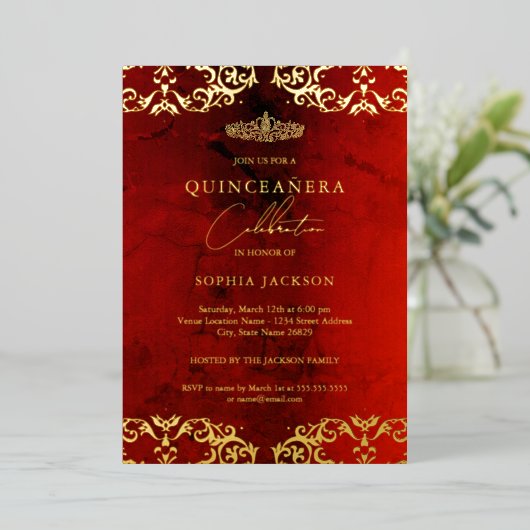 Invitation En Aluminium Gold Damask Ruby Red Quinceanera 15e (Debout devant)