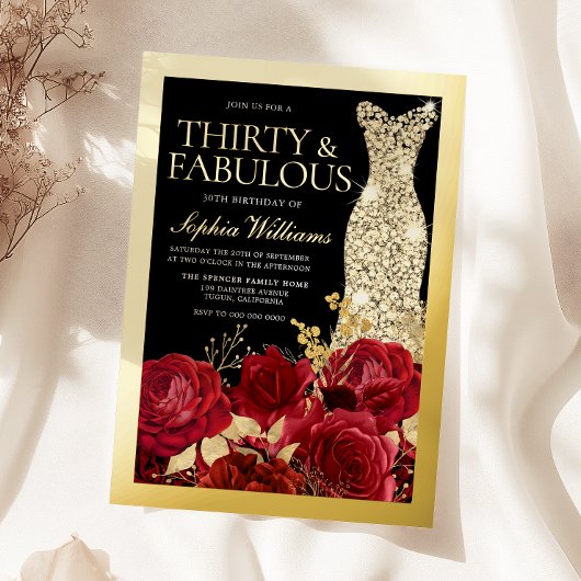 Invitation En Aluminium Gold Dress Red Roses 30th Birthday Gold