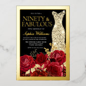 Invitation En Aluminium Gold Dress, Red Roses Ninety 90th Birthday Gold (Recto)